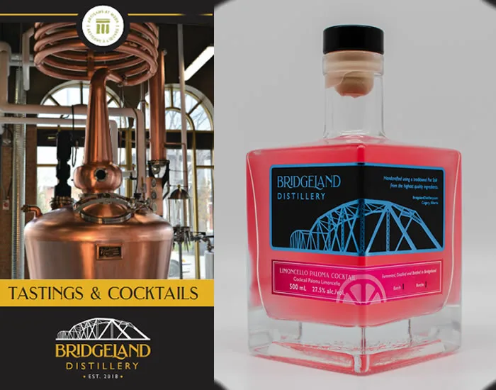 Copper still at Bridgeland Distillery in Calgary beside a bottle of its Limoncello Paloma Cocktail