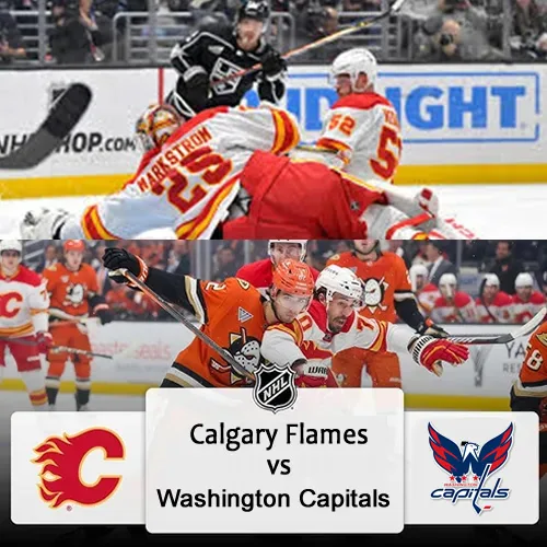 Calgary Flames vs Washington Capitals graphic with team logos and hockey action photos